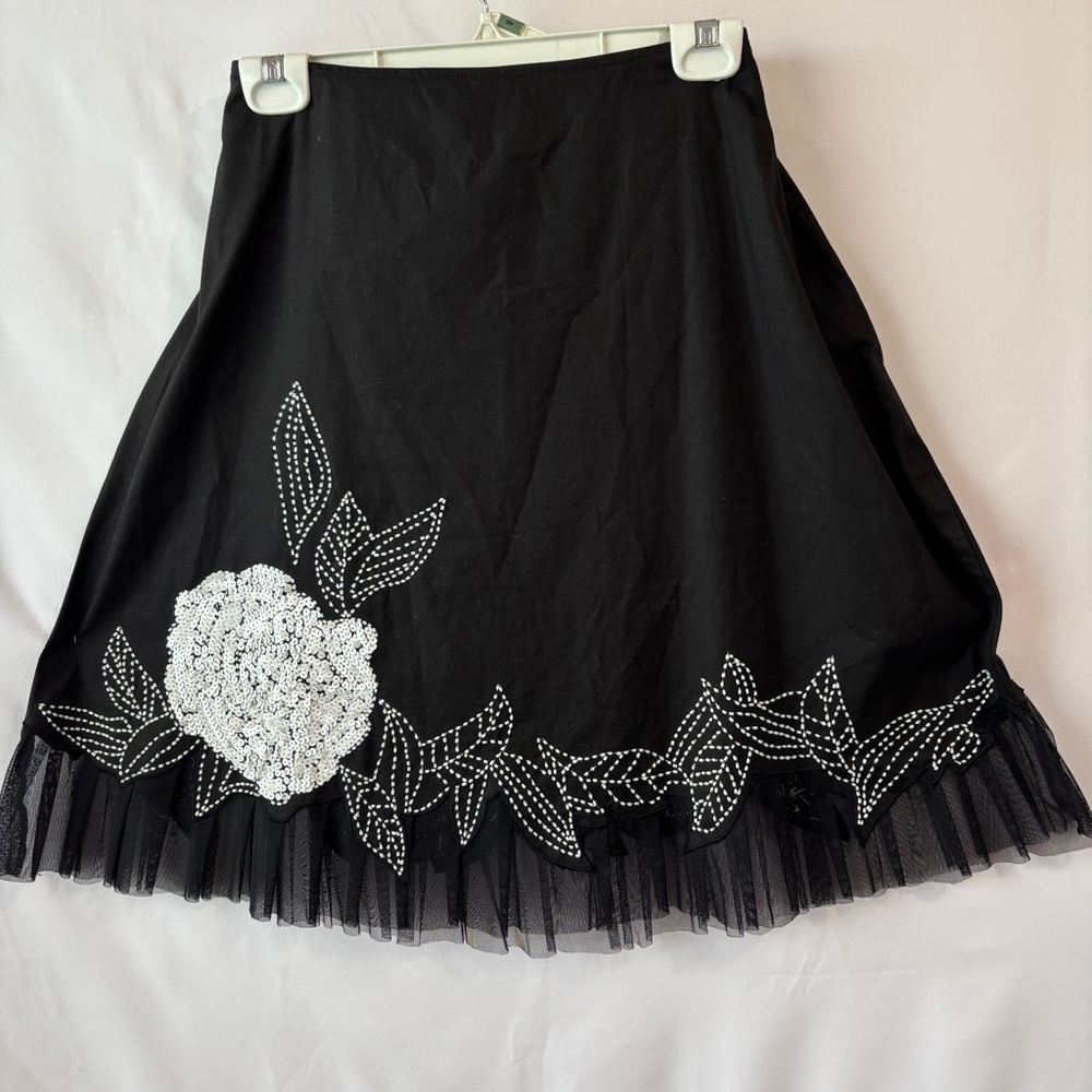Cache Black Skirt with White Sequin Floral Embellishment